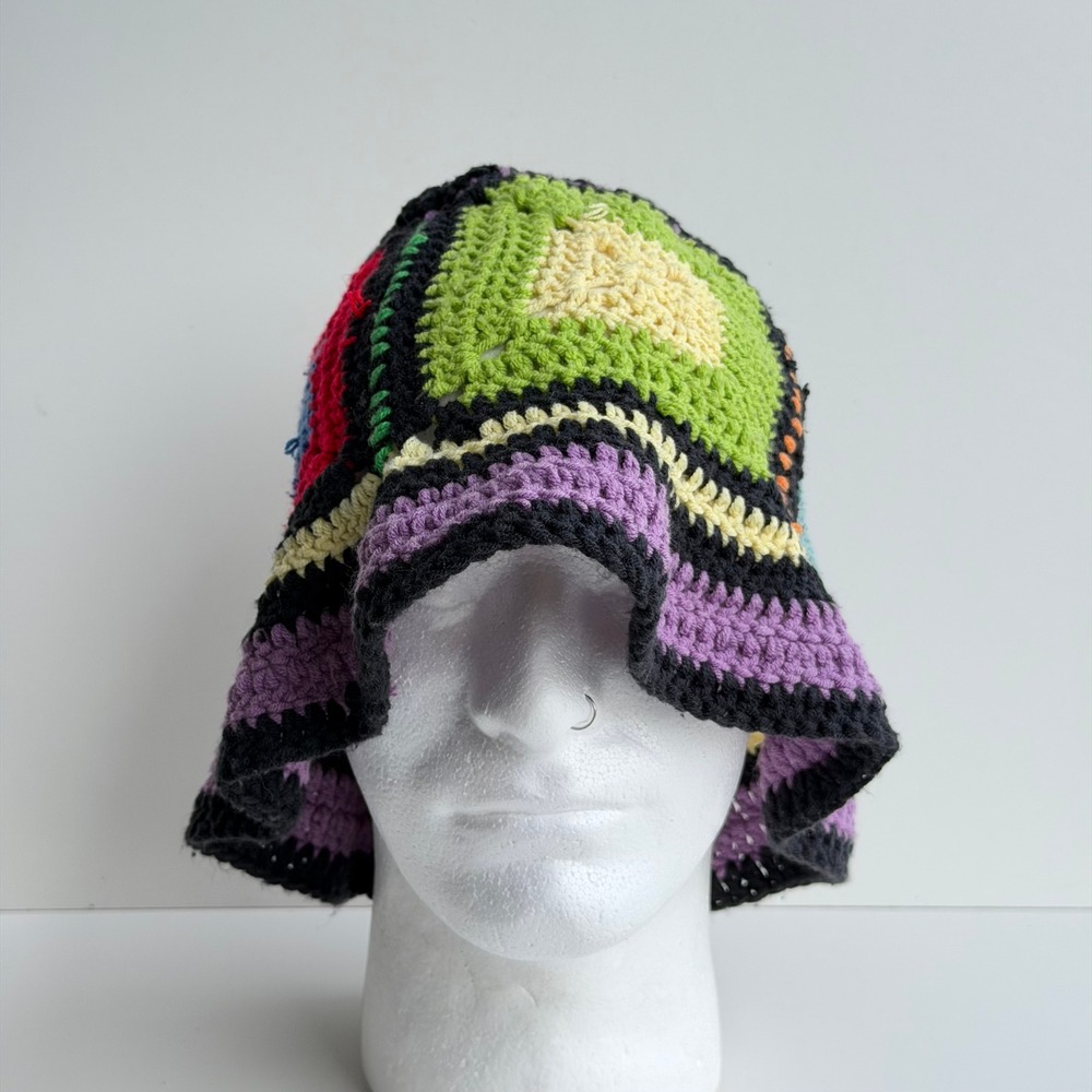 Vintage Handmade Granny Square Bucket Hat Multi-Color Crochet Boho Festival